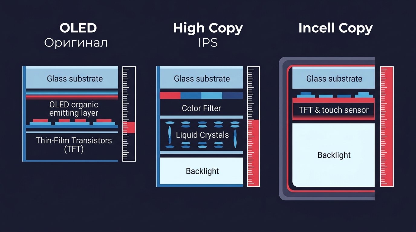 Схема устройства слоёв OLED, High Copy IPS и Incell TFT дисплеев в разрезе &mdash; сравнение толщины матриц