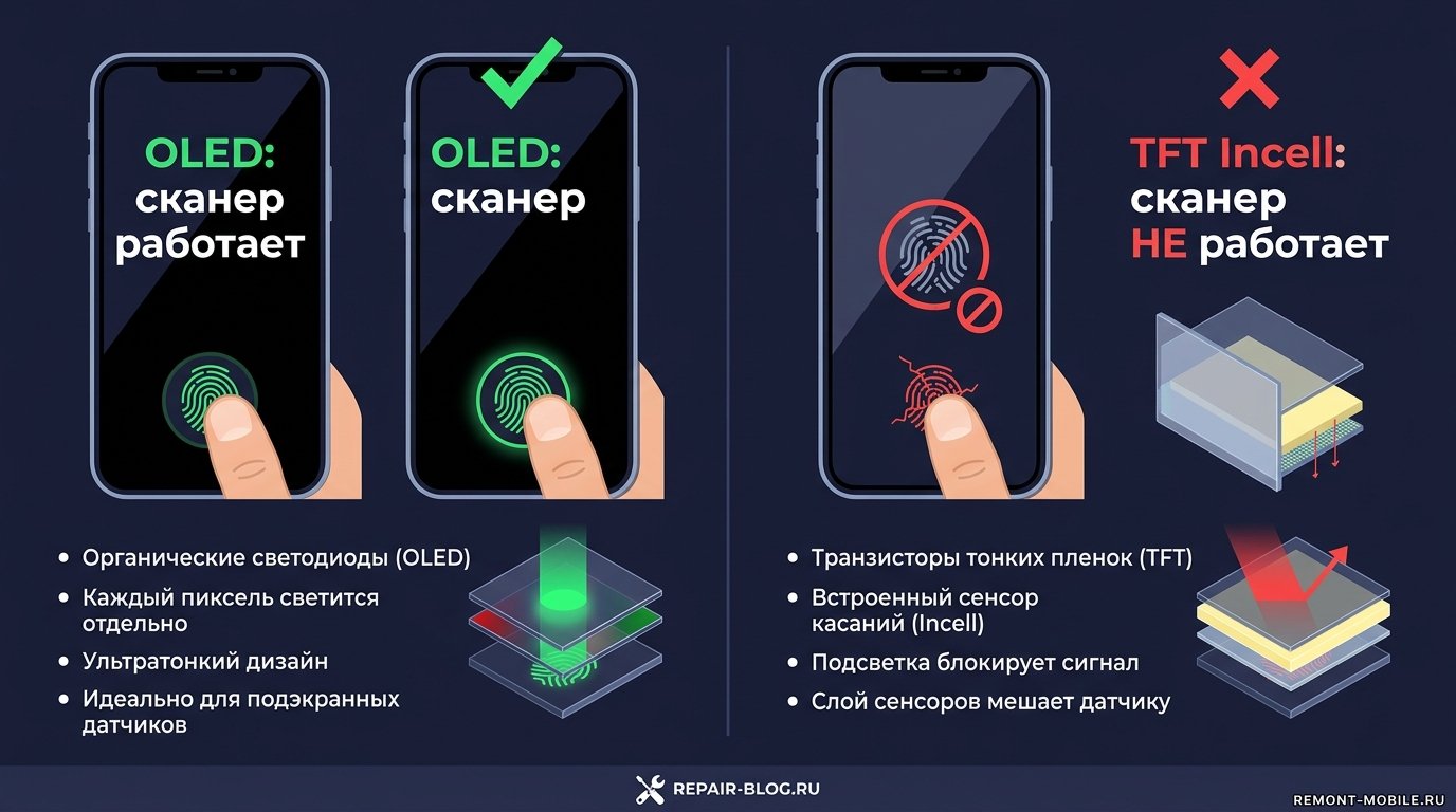 Сравнение работы подэкранного сканера отпечатка пальца на OLED оригинале и TFT Incell копии
