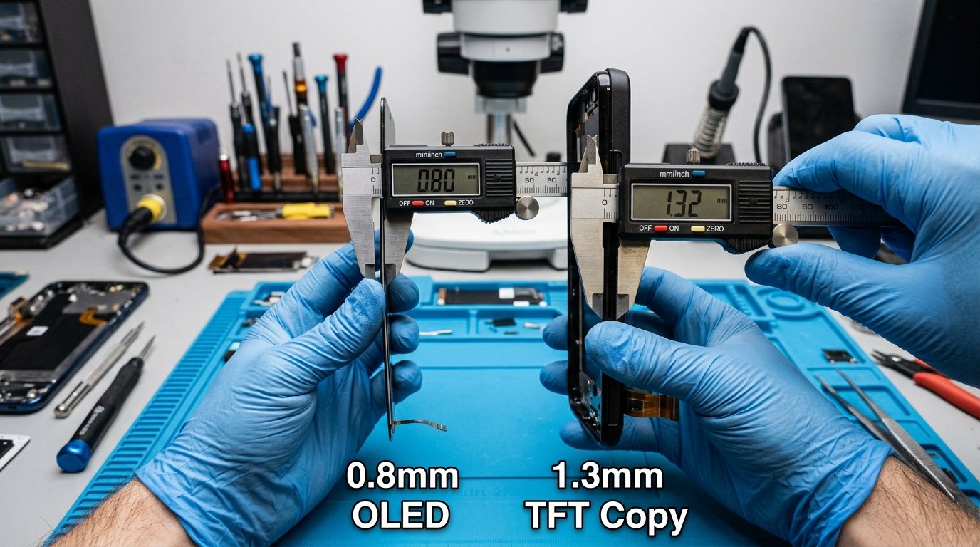 Сравнение толщины оригинального OLED дисплея (0.8 мм) и TFT копии (1.3 мм) в штангенциркуле