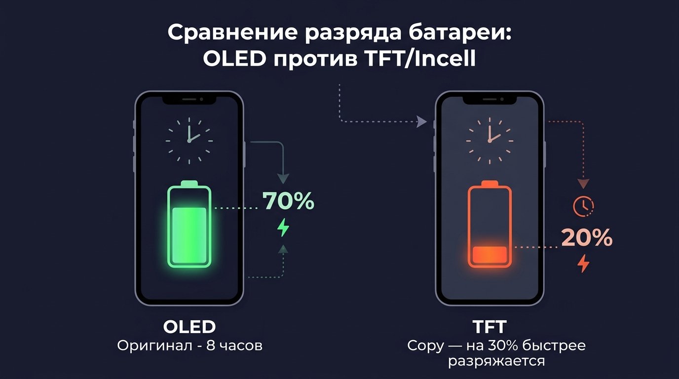 Сравнение расхода аккумулятора за 8 часов: OLED &mdash; 70% остаток, TFT Incell &mdash; 20% остаток